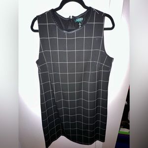 Ralph Lauren Dress Classic Windowpane Black Tan Faux Leather Trim size 16